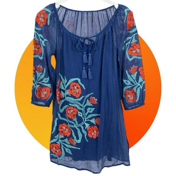 Trina Turk Womens Blue Red Embroidered All Cotton Gauze Shift Dress XS 0 Coverup - Picture 2 of 16